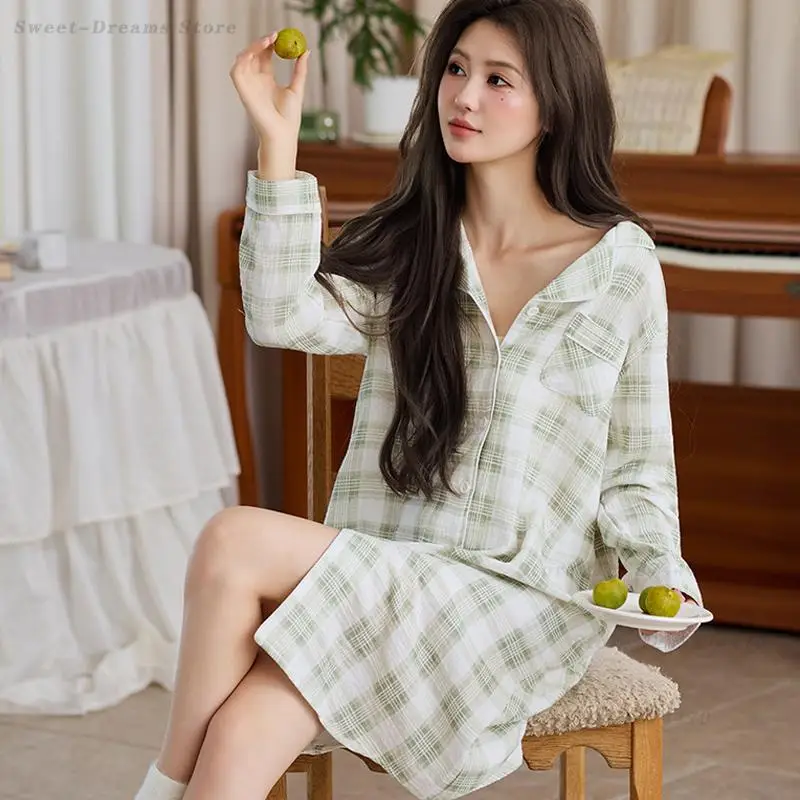 

Простая клетчатая ночная рубашка для девочек с длинными рукавами, хлопковая, весна-лето, новая коллекция, свободная повседневная домашняя одежда