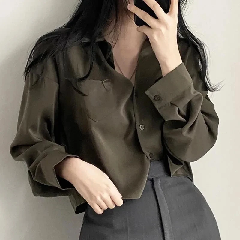 Harajuku Women Chiffon Shirts Korean Streetwear Cropped Long Sleeve Tops Y2K Fashion Female Casual All Match Blouse