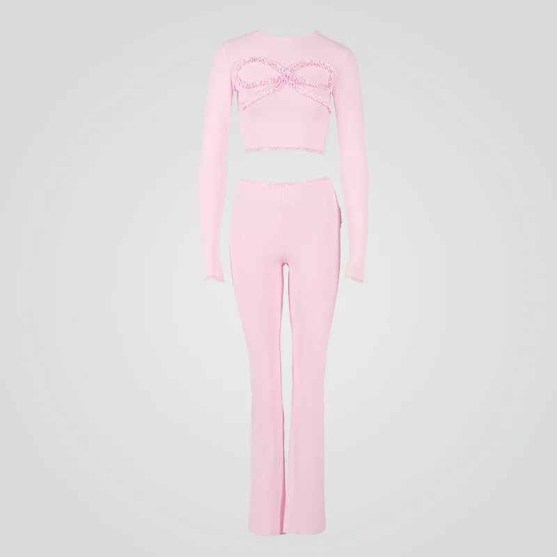 

Kardashian Cotton Pant Set Knot Splicing Slim Fit Flared Tight Homewear Ensemble Street Style Spring Collection