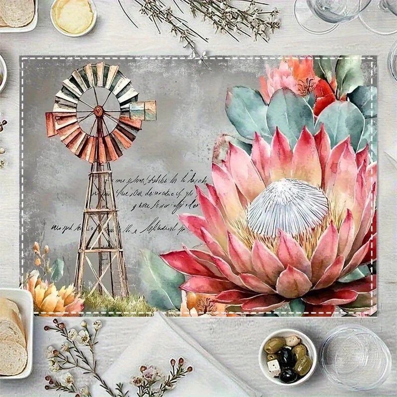 VintageStyle Windmill Protea Placemats Set Measuring  Features Single-Sided 2D Printed Fabric Mats Ideal for Dining And Home Use