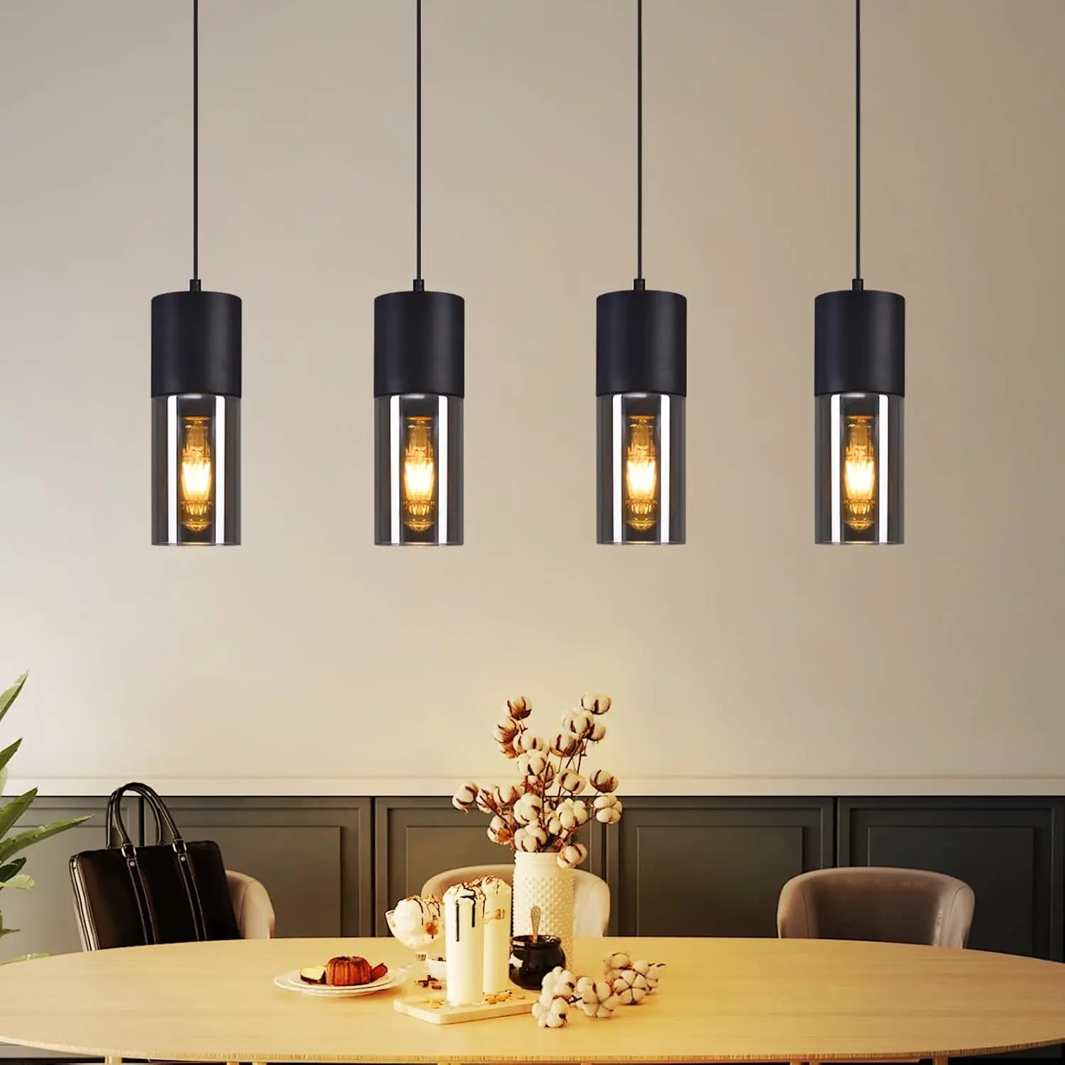 Hängelampe Esstisch Pendelleuchte 4 Flammig - Hängeleuchte Schwarz Glas E27 Esstischlampe Hängend Retro für Esszimmer Küche Café Bar Geschäft