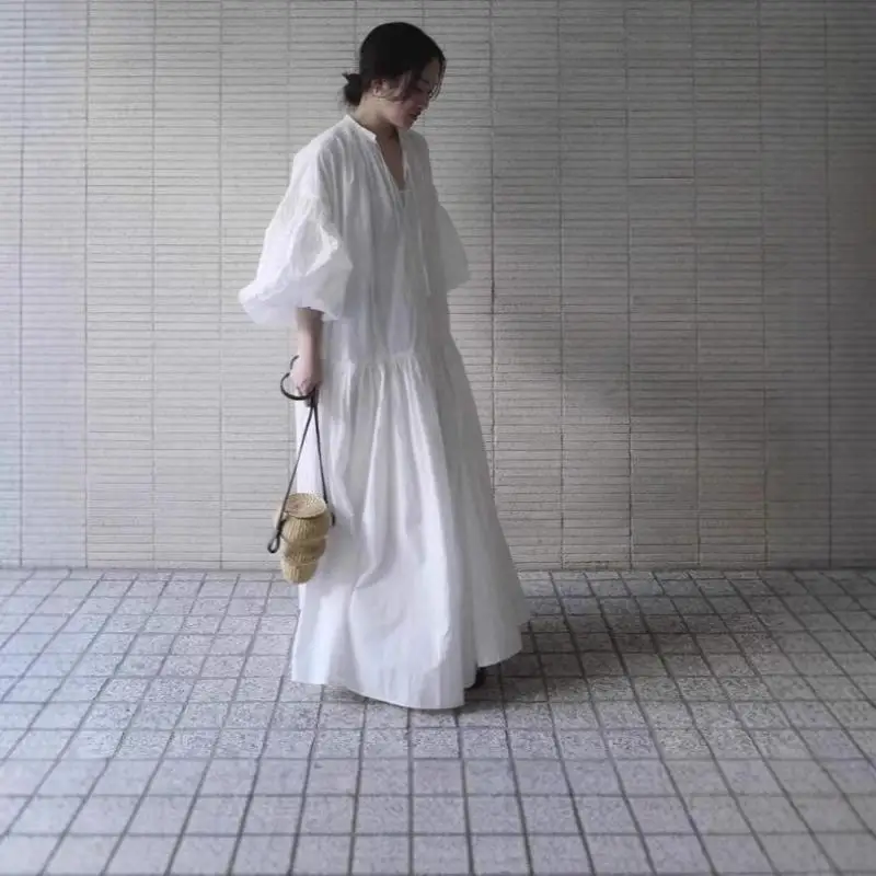 Tannt femmes robe lanterne manches col en v mode chemise décontractée robes pour femmes bleu blanc Vintage robes longues amples 2025 nouveau