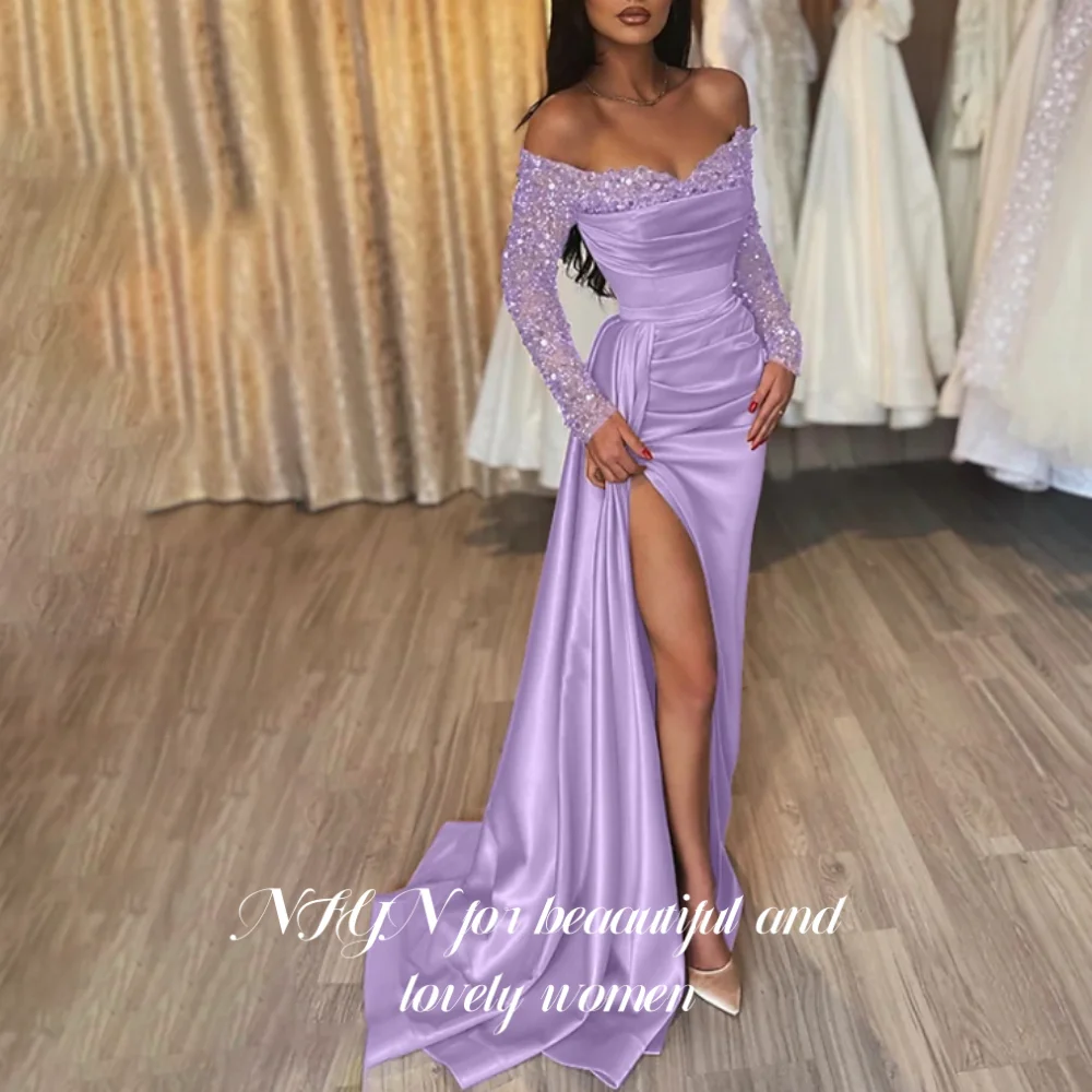 NFYN Shining Full Sleeves Gold Party Dress Side Split Prom Dress Off the Shoulder Sequin Evening Dress Stain Mermaid Customized image 5