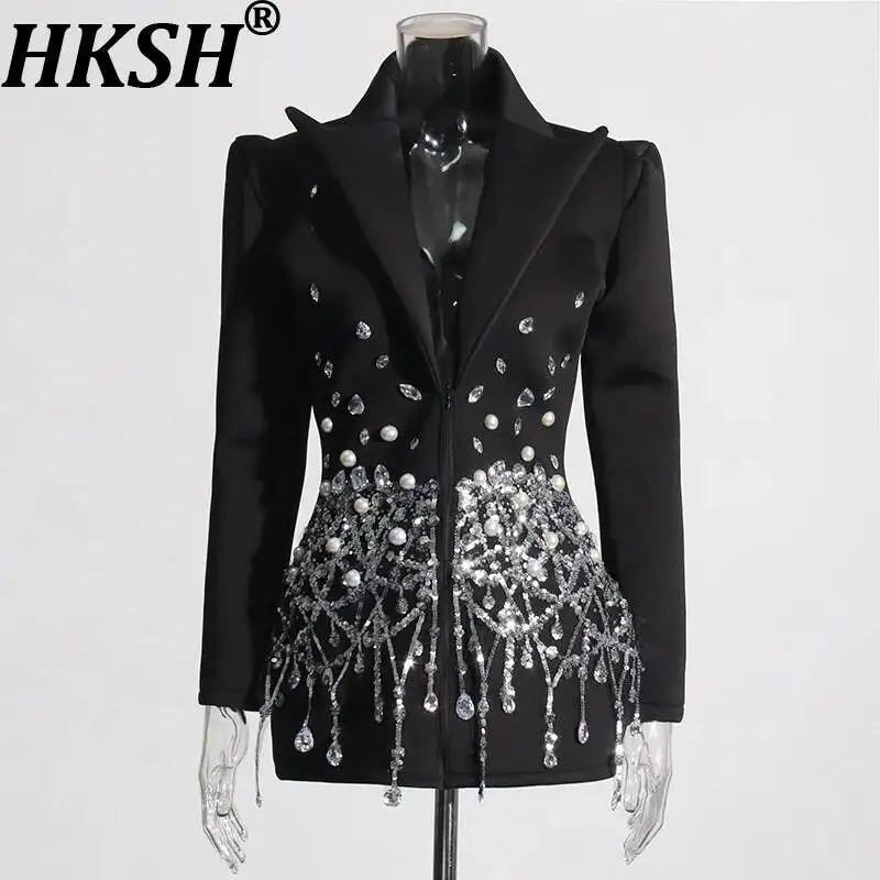 HKSH Sexy Socialite Style Blazer Dress 2025 Spring Autumn New Women's Turn-Down Collar Long Sleeve Sequin Diamond Jacket  HK8313