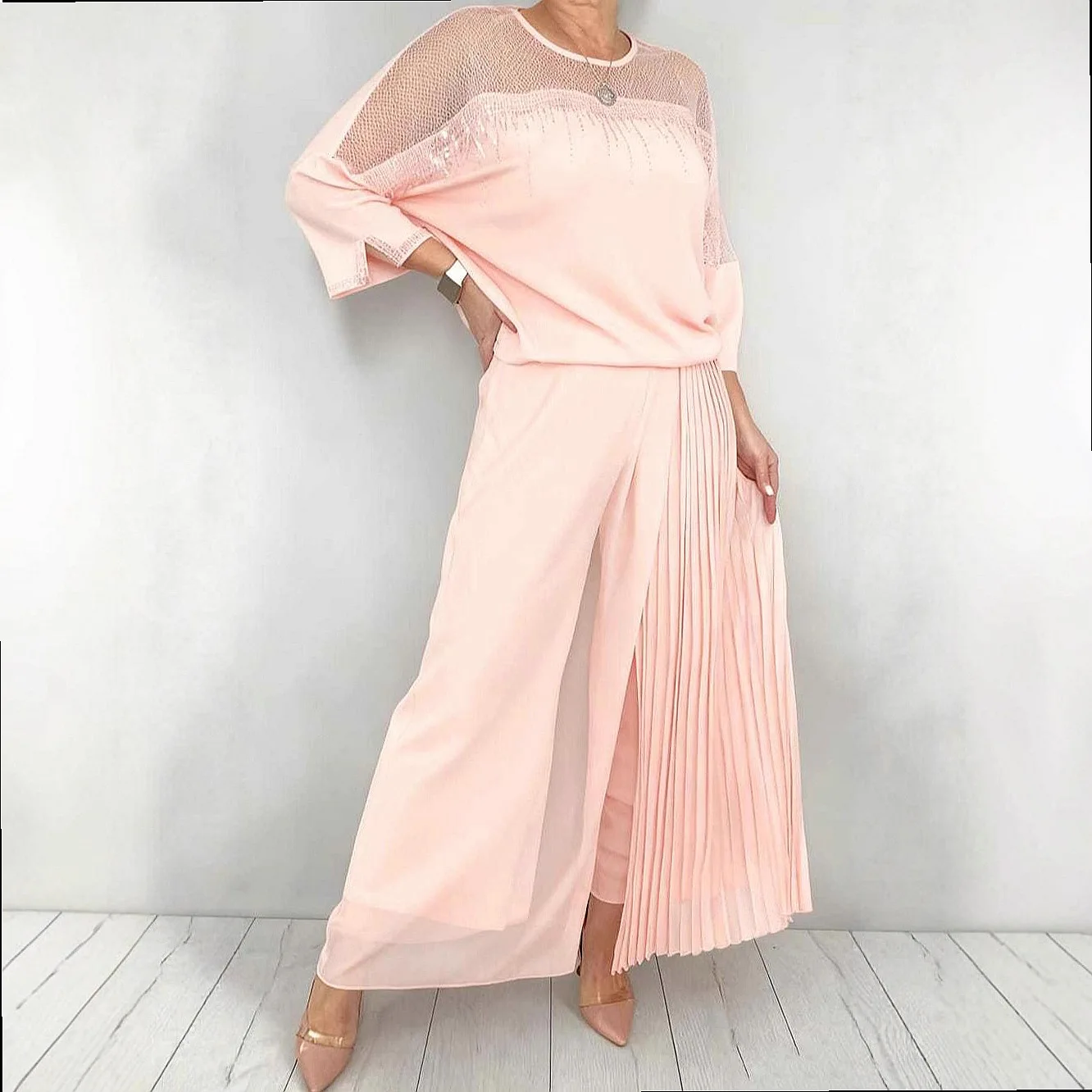 Women's Mesh Sequin Top and Pleated Pants Matching Set, Jumpsuit Playsuit Evening Dress
