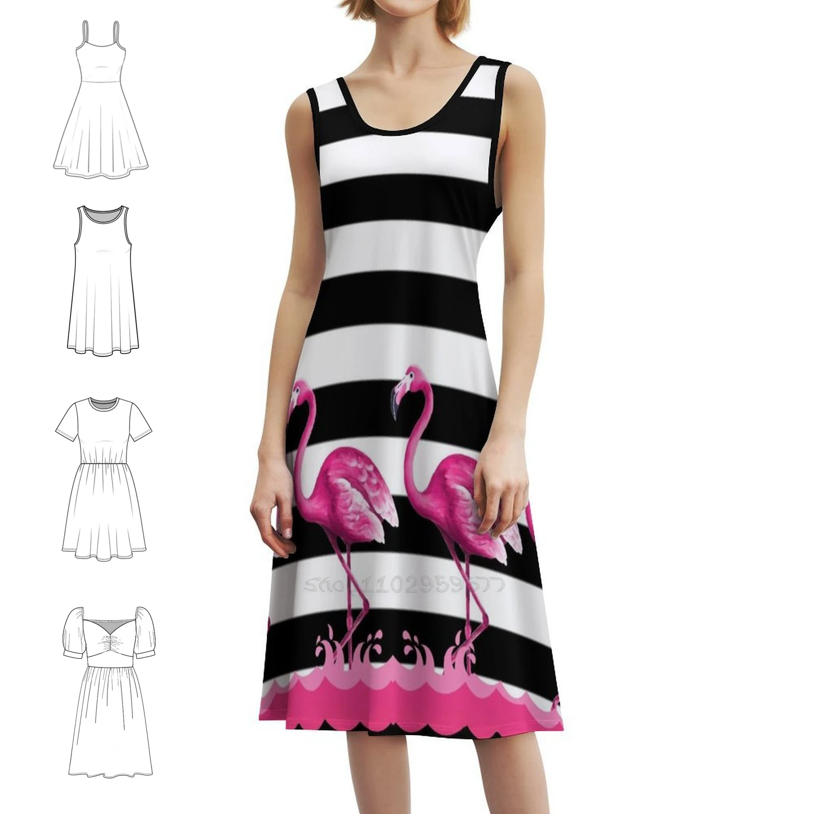 

Flamingo Parade Women's Streetwear Party Dress Trendy Print Club Clothing For Female Stripe Flamingo Black And White Pink