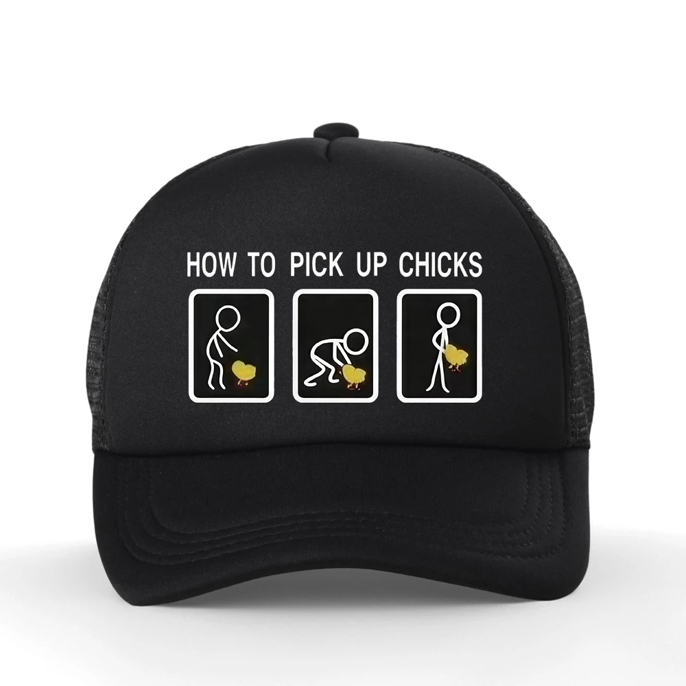 Funny How To Pick Up Chicks Print Baseball Cap Men Summer Fashion Mesh Trucker Breathable Adjustable Snapback Hat