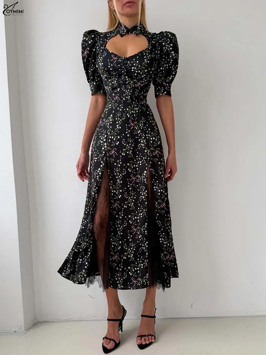 Oymimi Fashion Black Print Women's Dress Elegant Bow Half Sleeve Hollow Out Dresses Casual Satin Lace Patchwork Mid-Calf Dresses