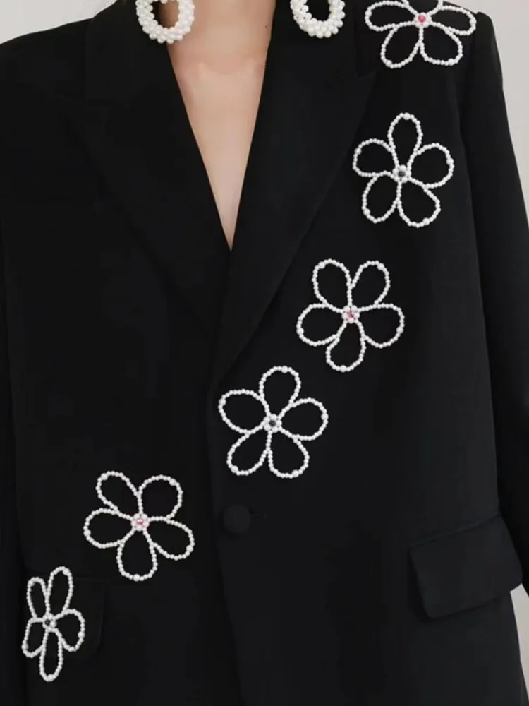 DEAT Fashion Women\'s Blazer Notched Collar Loose Embroidered Flares Flower Pearls Black Suit Jackets Spring 2024 New 17A5298