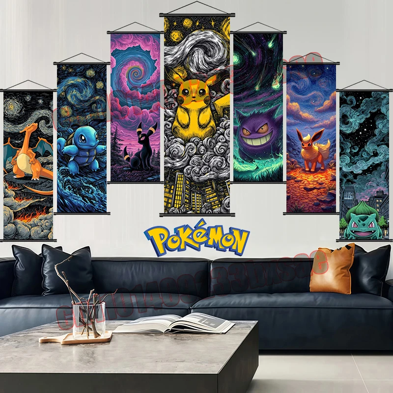

Anime Pokemon Pikachu Gengar Charizard Eevee Bulbasaur Starry Night, Printing Art Cloth, Scroll Painting High Quality Home Decor