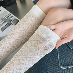 Women Japanese White Compression Mesh Silk Knee High Long Socks Summer Transparent Harajuku JK Lolita Kawaii Cute Lace Stocking