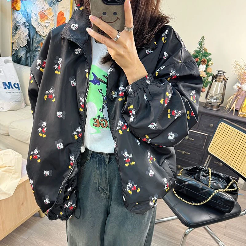 Disney1-Mickeys Mouse Stand-Up Collar Loose Handsome Thin Jacket Cartoon Graffiti Printing Jacket Baseball Clothing Sun Shirt