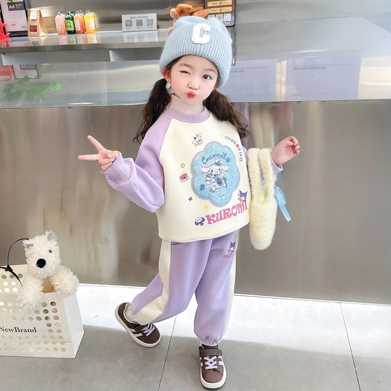 Kawaii Kuromi Kids Thicken Pullover Two-piece Set Sanrio Girl Clothes Cinnamoroll Winter Warm Long-sleeves Top with Sweatpants