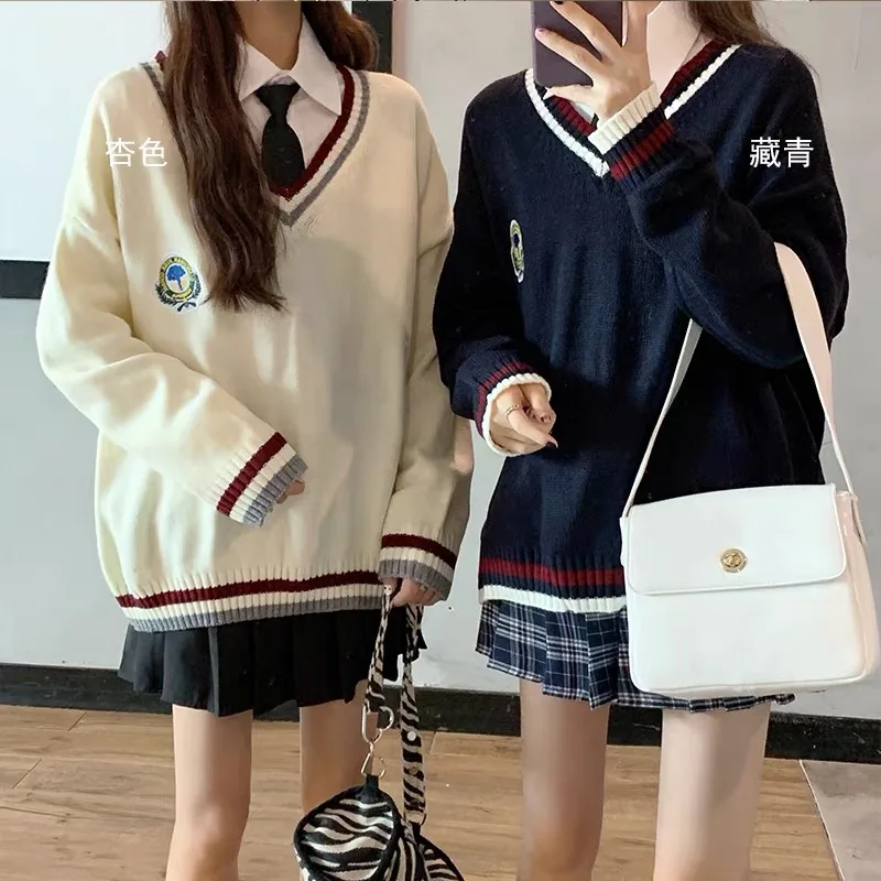 Japanese Korean Preppy Style V-Neck Pullover Sweater Women Long Sleeve Cotton Warm School Girls JK Uniform Sweater Autumn Winter