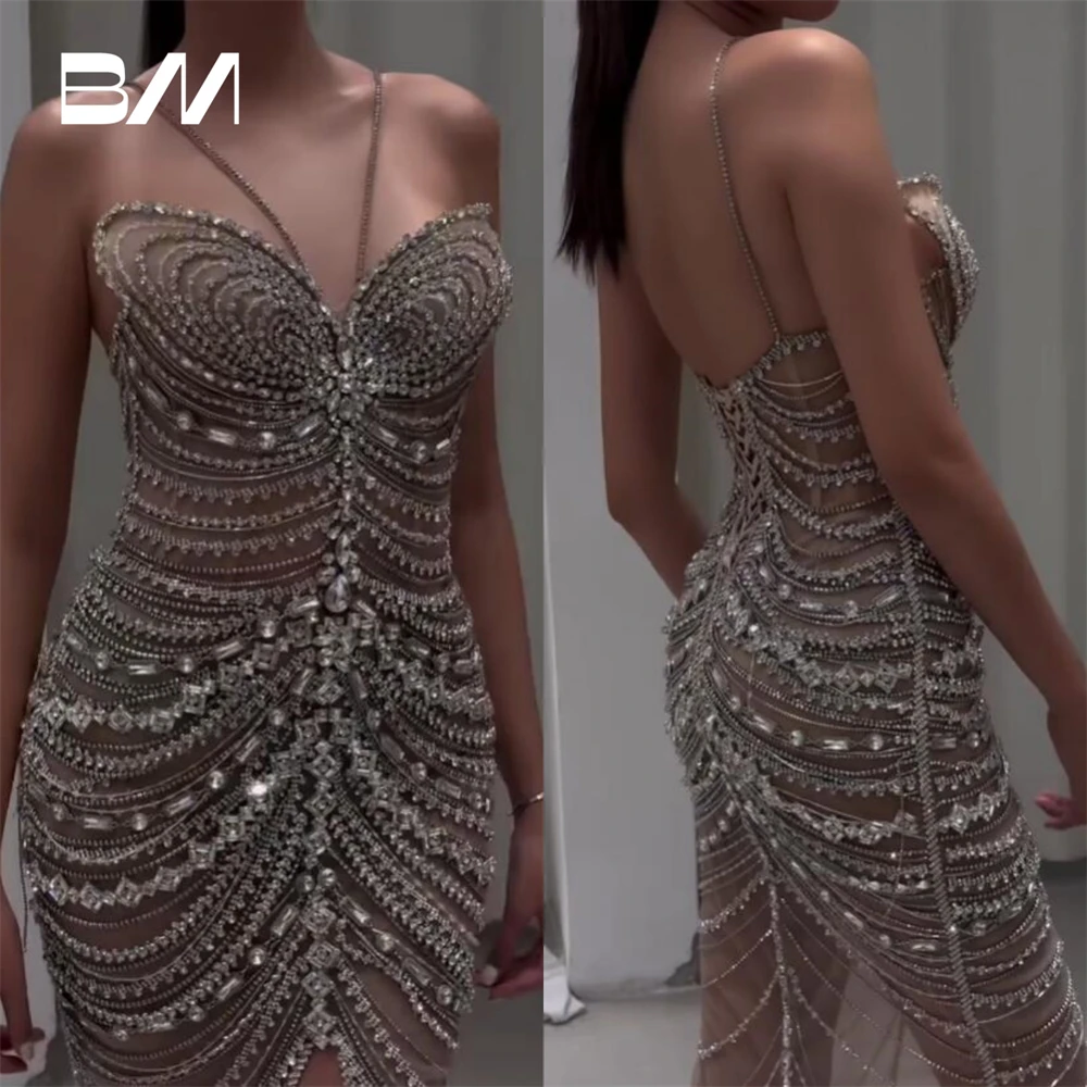 Gorgeous Luxury Diamonds Prom Dress Halter Illusion Rhinestones Women Formal Evening Dresses Custom Made Tea-Length Party Gown