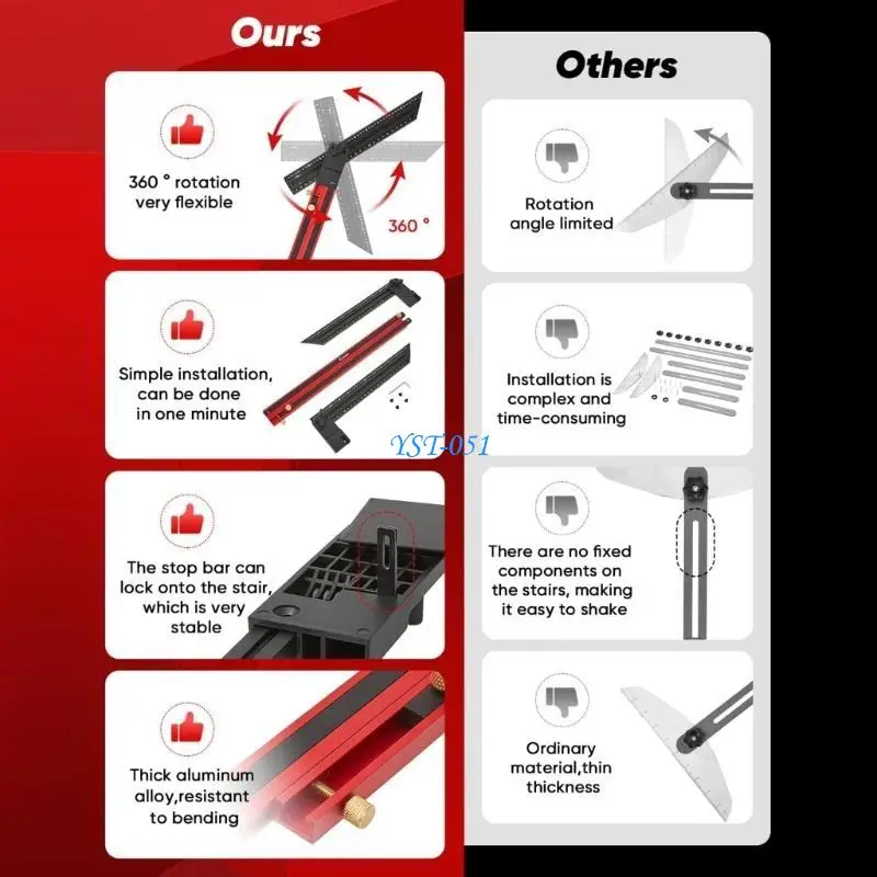 

E15A Professional Stair Template Tool Adjustable Width Locking System 360 Degree Rotation Stair Measurement Gauges for Project