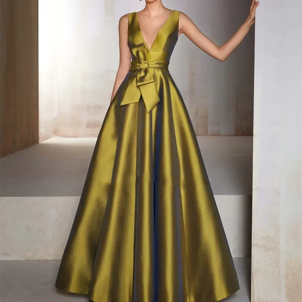 Elegant Satin V-Neck Lace Applique A-Line Formal Evening Dress Prom Gown Cocktail Party Custom Size