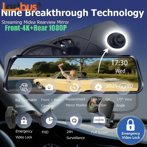 Front Camera Lastbus Front 4K Dash Cam 9.66" Dual Camera Car DVR With No 1 Bracket 1080P Rearview Camera For Car Touchscreen Video Recorder