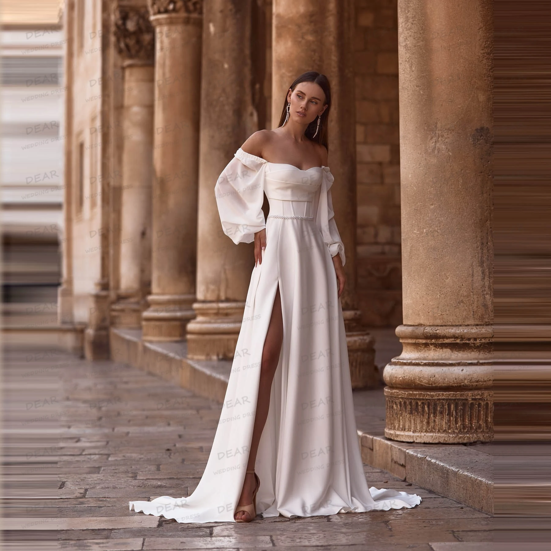 

Simple Satin Wedding Dresses Women's A Line Boat Neck Side Split Long Sleeve Bride Gowns Formal Vestidos De Novia Customized
