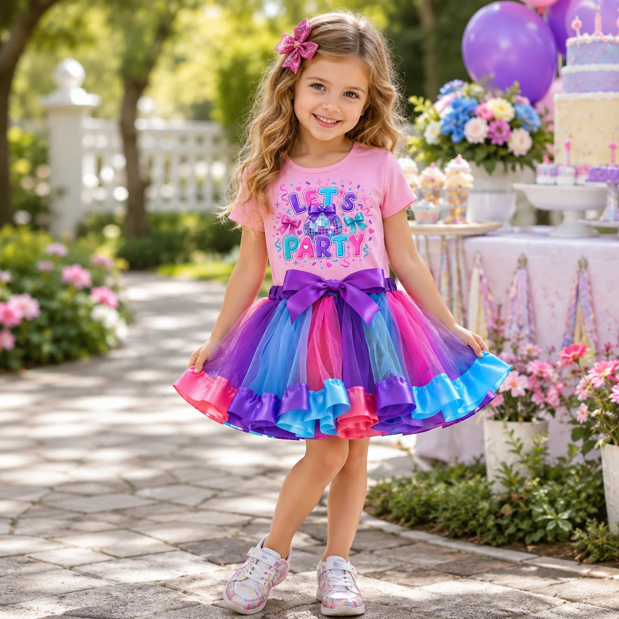 Geburtstagsparty-Outfit für Kleinkinder, Mädchen, T-Shirt „LET'S PARTY“, bunter mehrlagiger Tüll-Tutu-Rock, Kinder-Prinzessinnenkostüm für Fotoshooting