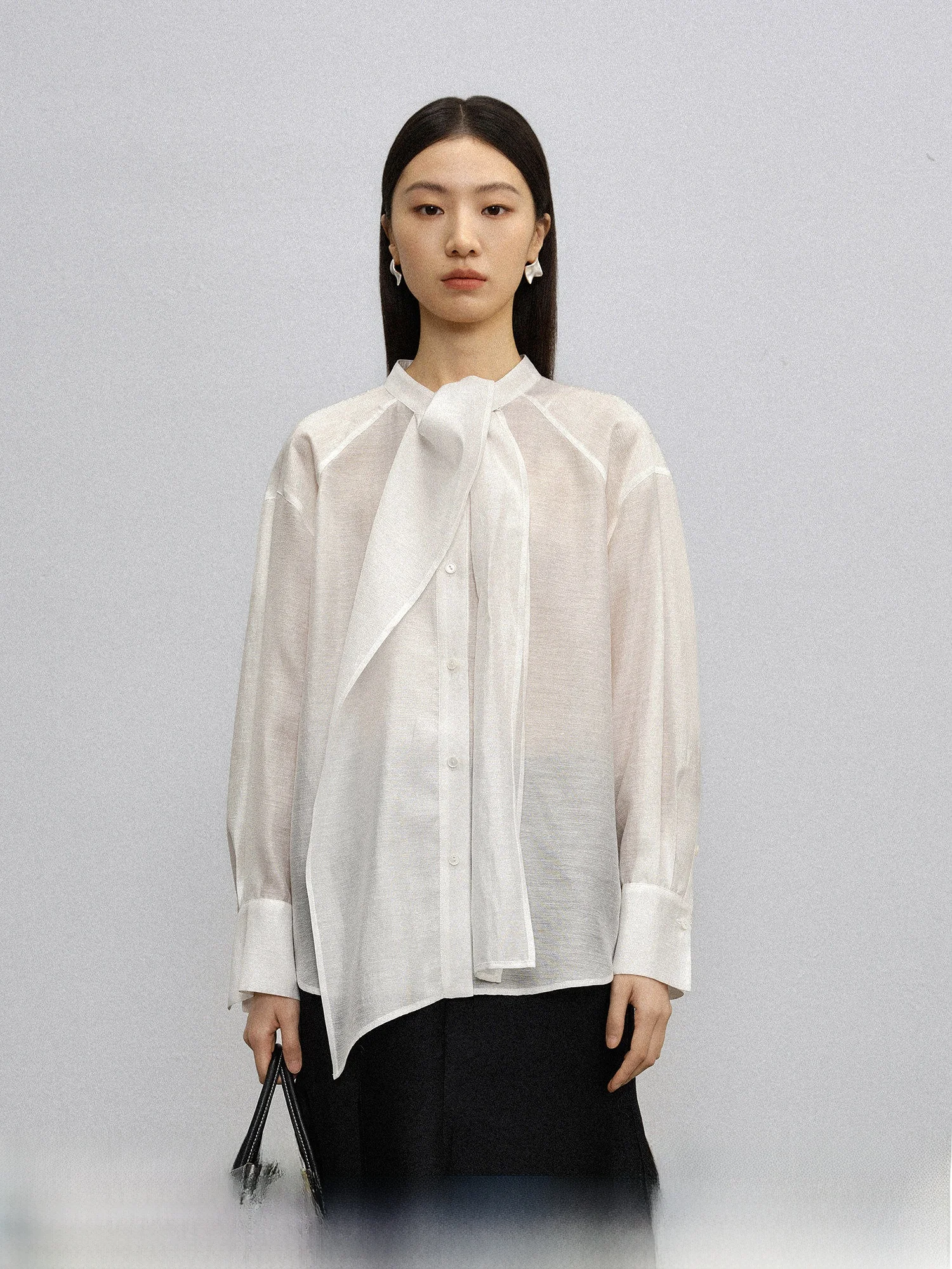 

Elegant Long Sleeve Shirt Women's Pure Color Silk Acetate Top Breathable Lyrical Fabric Tie Neck Design Spring Summer Fashion