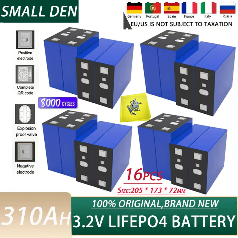 16pcs new 3.2V 310Ah LifePO4 battery 12V 24V 48V suitable for RV camping vehicle solar high-quality A-class rechargeable battery