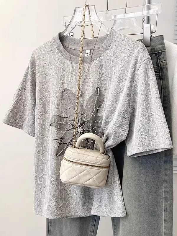 

Женская свободная повседневная футболка больших размеров из чистого хлопка с кружевом и коротким рукавом, летний топ с эффектом утяжки на высокой талии в корейском стиле