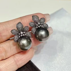 MeiBaPJ 10mm Peacock Blue Natural Round Pearls Fashion Flower Stud Earrings DIY 925 Silver Holder Fine Wedding Jewelry for Women