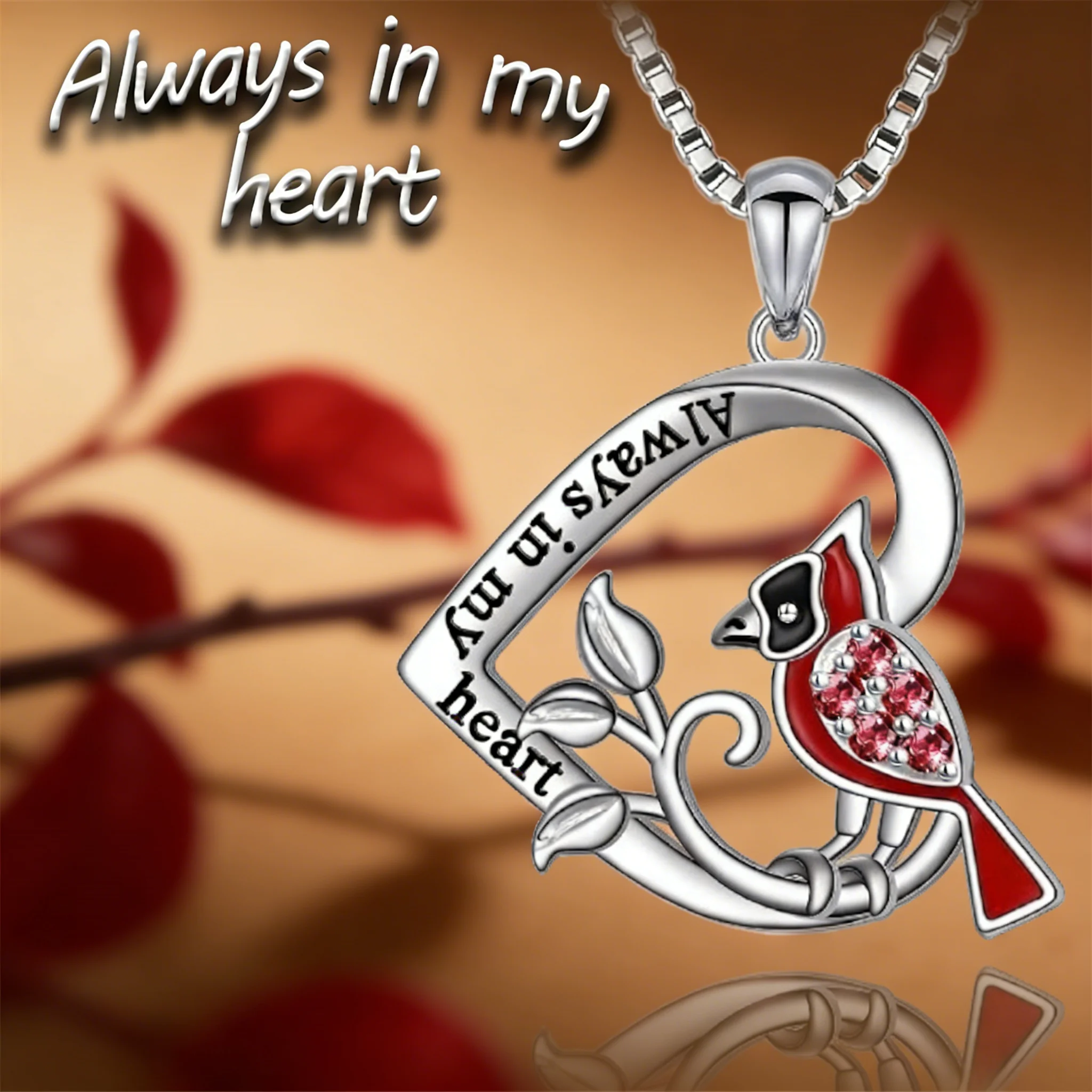 Zinc Alloy Red Cardinal Bird Heart Necklace 