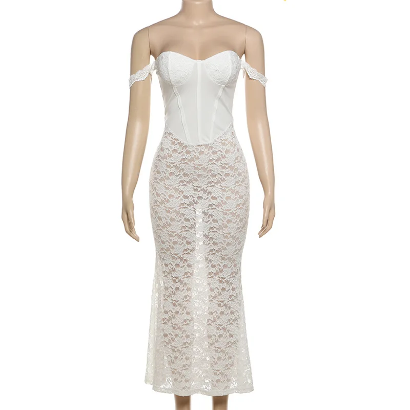 Robe de Bal en Dentelle Blanche pour Femme, Tenue de Soirée d'Été, Transparente, Gaine Slim, Jupe Longue, Vacances de Plage