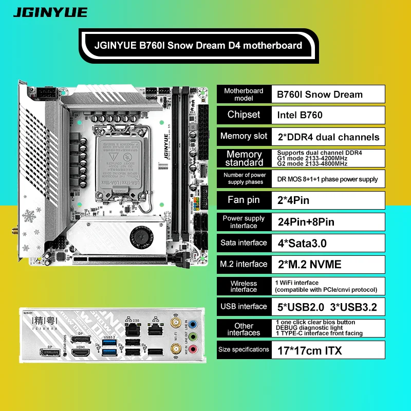 JGINYUE B760i Motherboard LGA 1700 Support Intel Core i3/i5/i7/i9 12th 13th DDR4 Memory New Desktop itx B760i-Snow Dream