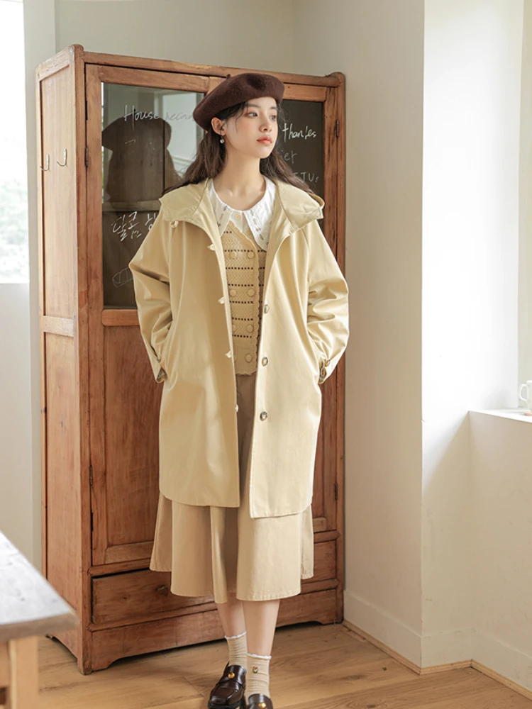 

Solid Trench for Women Hooded All-match Fashion Patchwork Coats Simple Leisure Female Spring Korean Style Loose Elegant Chic Ins