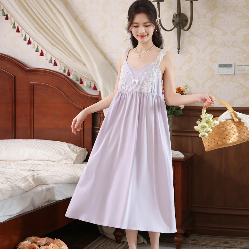 Sling Nightgown Female Summer Sleep Wear Sexy Lace Embroidery French Pajamas Dress Chest Pad Home Service Cotton Night Shirt