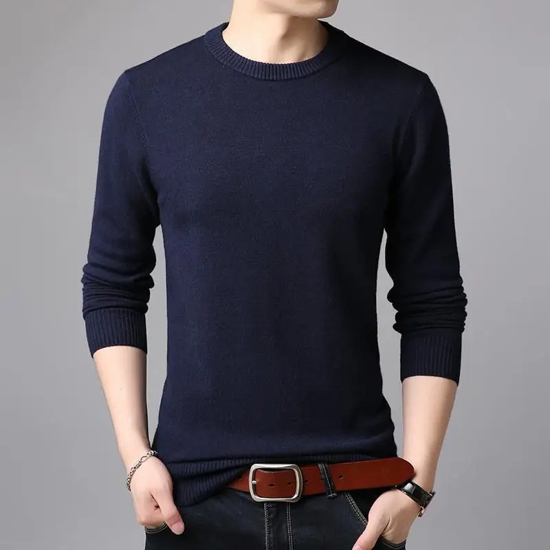 Men\'s Spring and Autumn Pullover Round Neck New Fashion Casual Solid Color Sweater Knitted Slim Fit Versatile Long Sleeved Tops