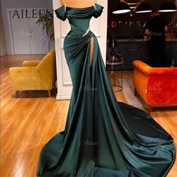 Side Slit Prom Dresses Customized Long Tail Women's Evening Dress Ladies Satin Bridesmaid Dress Woman Mermaid Shoulder Green