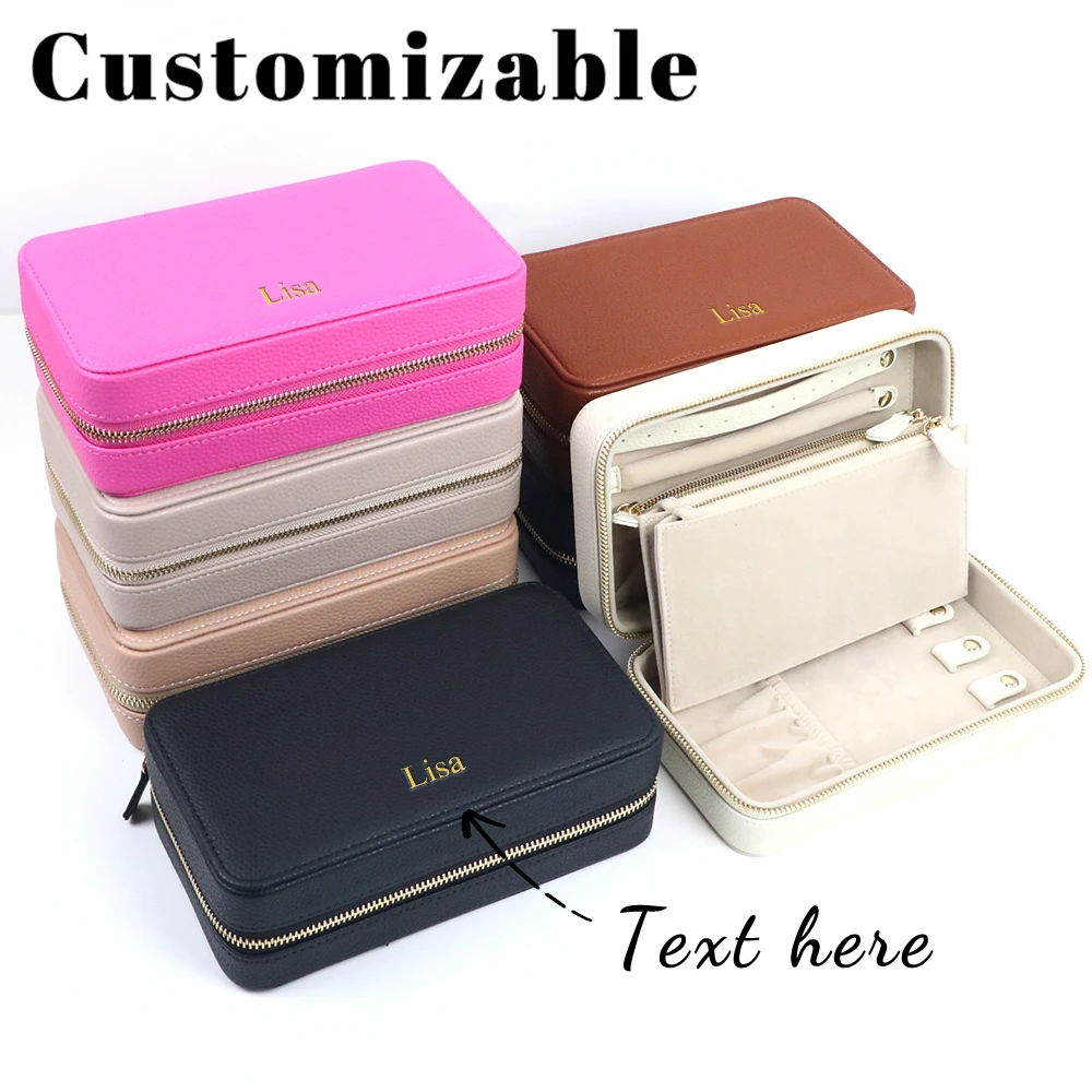 Custom Name PU Leather Portable High-end Exquisite Women's Necklace Earring Ring Large Capacity Jewelry Storage Box