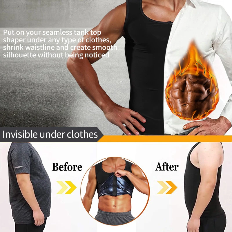 Mens Polymer Sauna Vest Sweat Body Shaper Slimming Compression Tank Top with Zipper Workout Shirt Heat Trapping Suit