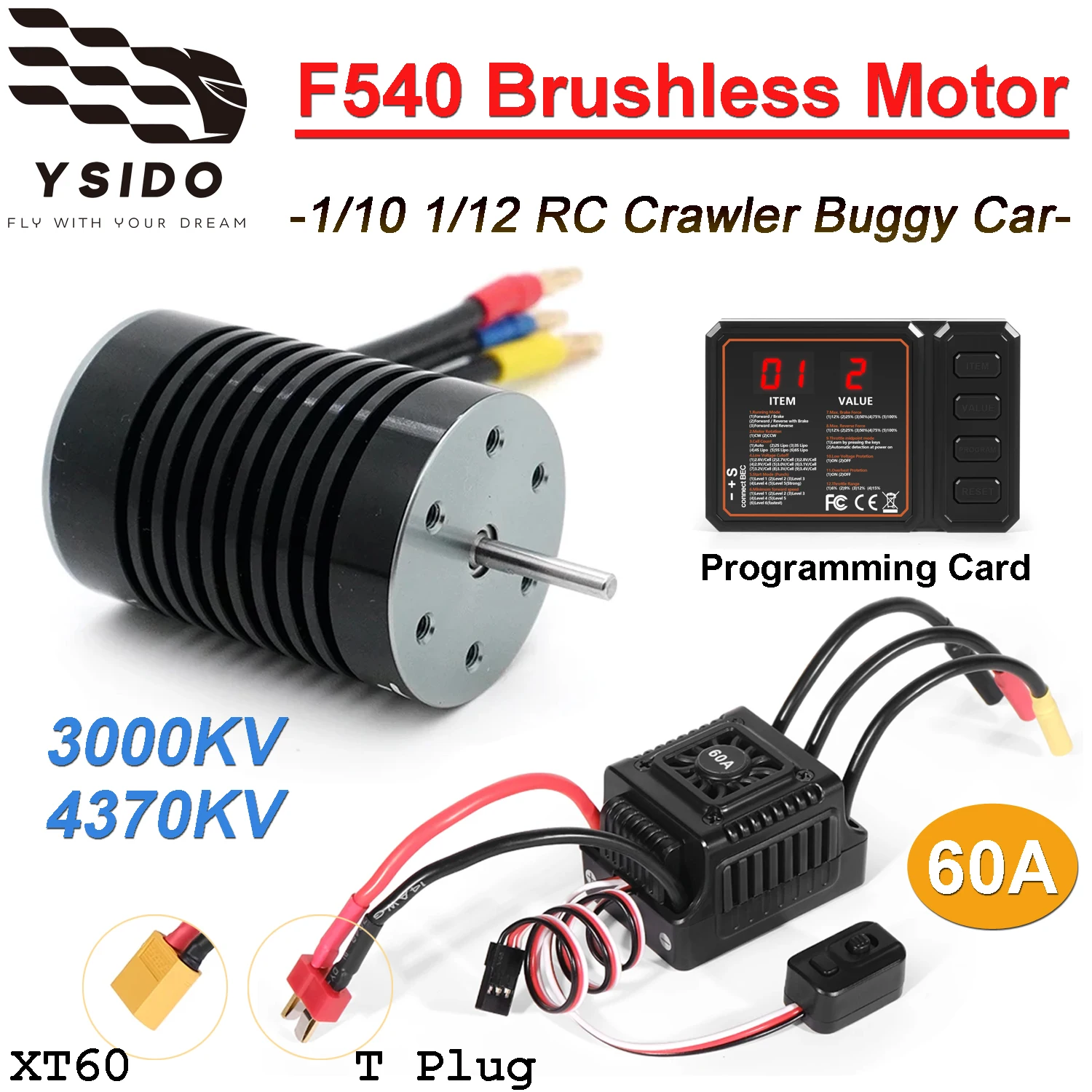 YSIDO F540 3000KV 4370KV Bürstenloser Motor mit 60A ESC Wasserdichtes Combo-Kit für Traxxas Axial Wltoys 1/10 1/12 RC Crawler Buggy Auto