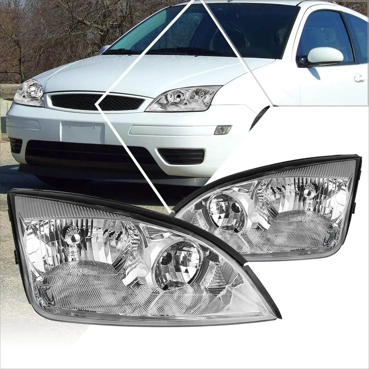 

Фары в сборе, совместимые с Ford Focus 2005 2006 2007, пара галогенных фар с хромированным корпусом и прозрачным углом