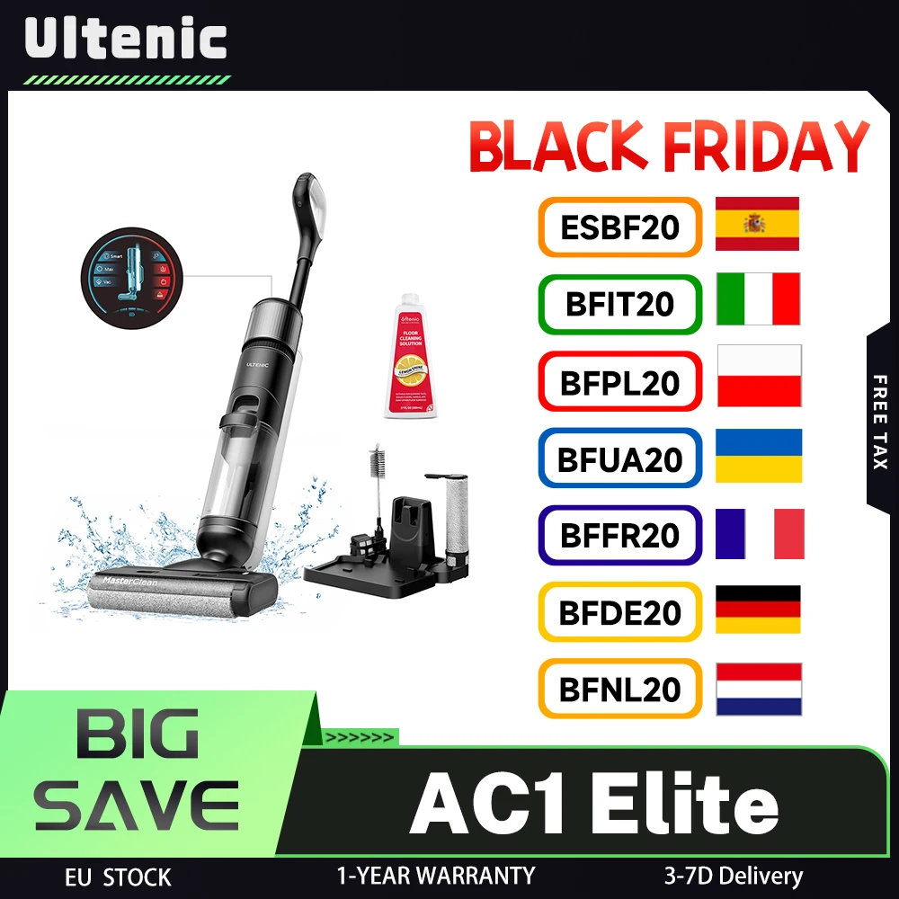 Aspirateur et vadrouille sans fil Ultenic AC1 Elite avec autonettoyage, 3 modes de nettoyage, autonomie jusqu'à 50 minutes, détection intelligente de la saleté, LCD