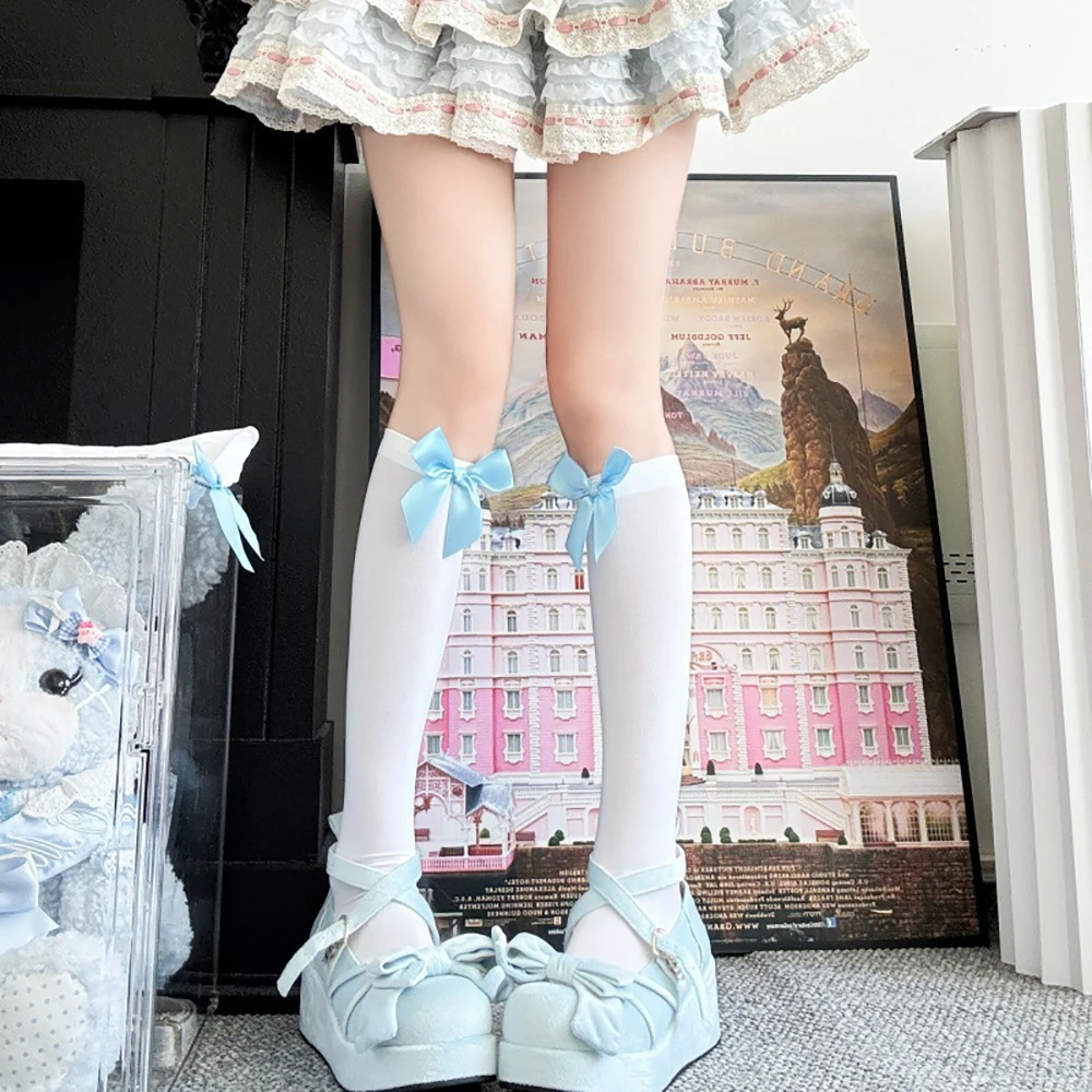 2026 JK Blue Bow Japanese Breathable Fashion Girls' Middle Socks Lolita Outdoor Match