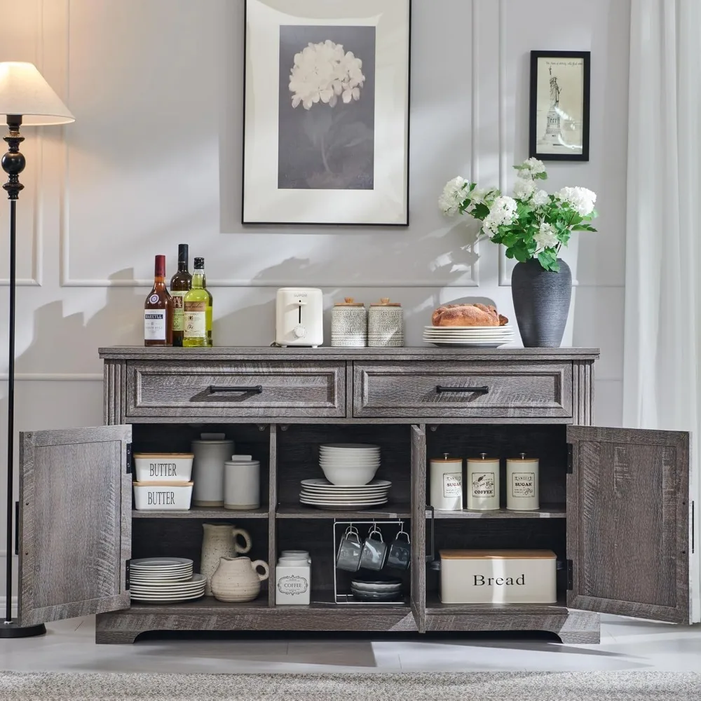 خزانة بوفيه جانبية كبيرة مع 3 أبواب ودرجين، مثالية لتخزين غرفة الطعام وبار القهوة وبار النبيذ في أمريكا