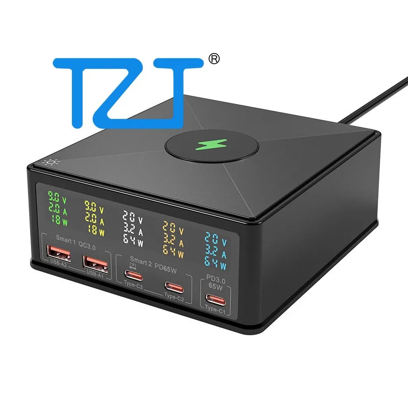

TZT 160 Вт 5-портовое USB-зарядное устройство Беспроводное зарядное устройство для телефона и быстрое зарядное устройство PD65W с дисплеем напряжения и тока