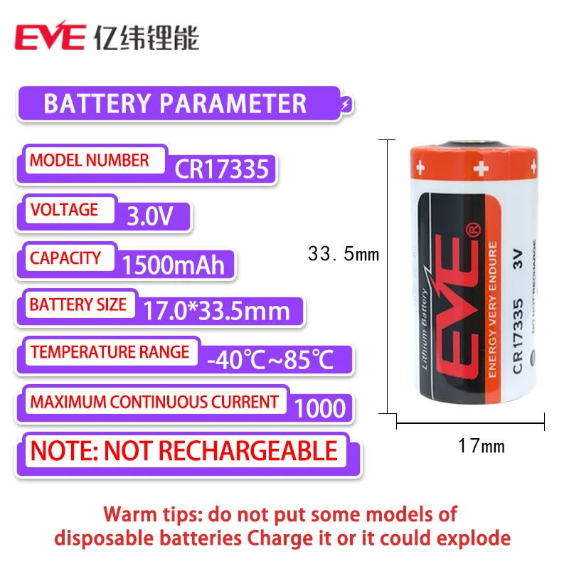 EVE CR17335 3V Lithium Battery Suitable FOR Mitsubishi M80 Driver MR-J4 Servo PLC Replacing Q6BAT Alarm Camera Flash