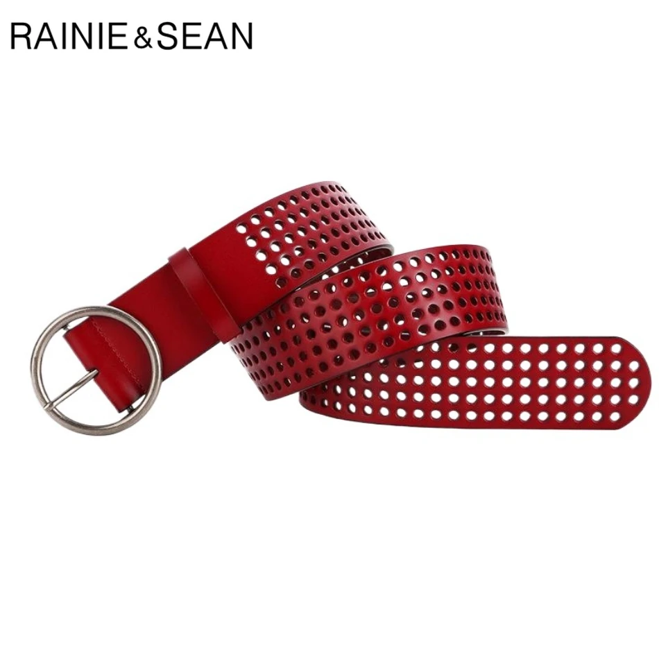 rainie-sean-レッドワイドベルト-本革リングバックルベルト-丸穴-レディース-カマーバンド-ワイドピンベルト-ワンピース-コート-レディース