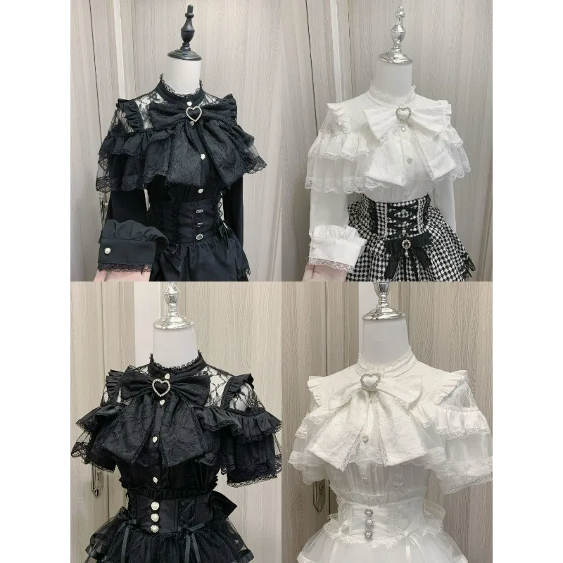 

Japanese Subcultural Jirai Kei Bow Shirt Kawaii Lolita Patchwork Blouses Women Harajuku Sweet Lace Shirts JK Tops Female