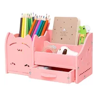 Multi-function 4-Grid Wooden Desktop Organizer - Pen Pencil Holder with Phone Stand, Office & School Stationery Storage Case WF