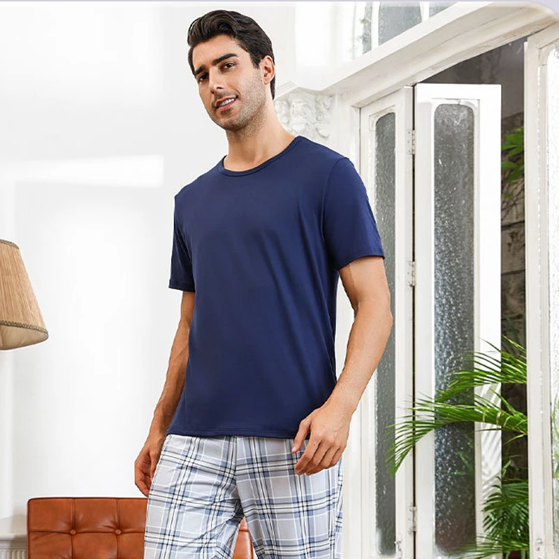 

Men's Plaid Print Pajama Set Short Sleeve Round Neck Top And Long Pants Comfortable Relaxed Sleepwear Loungewear Casual Attire