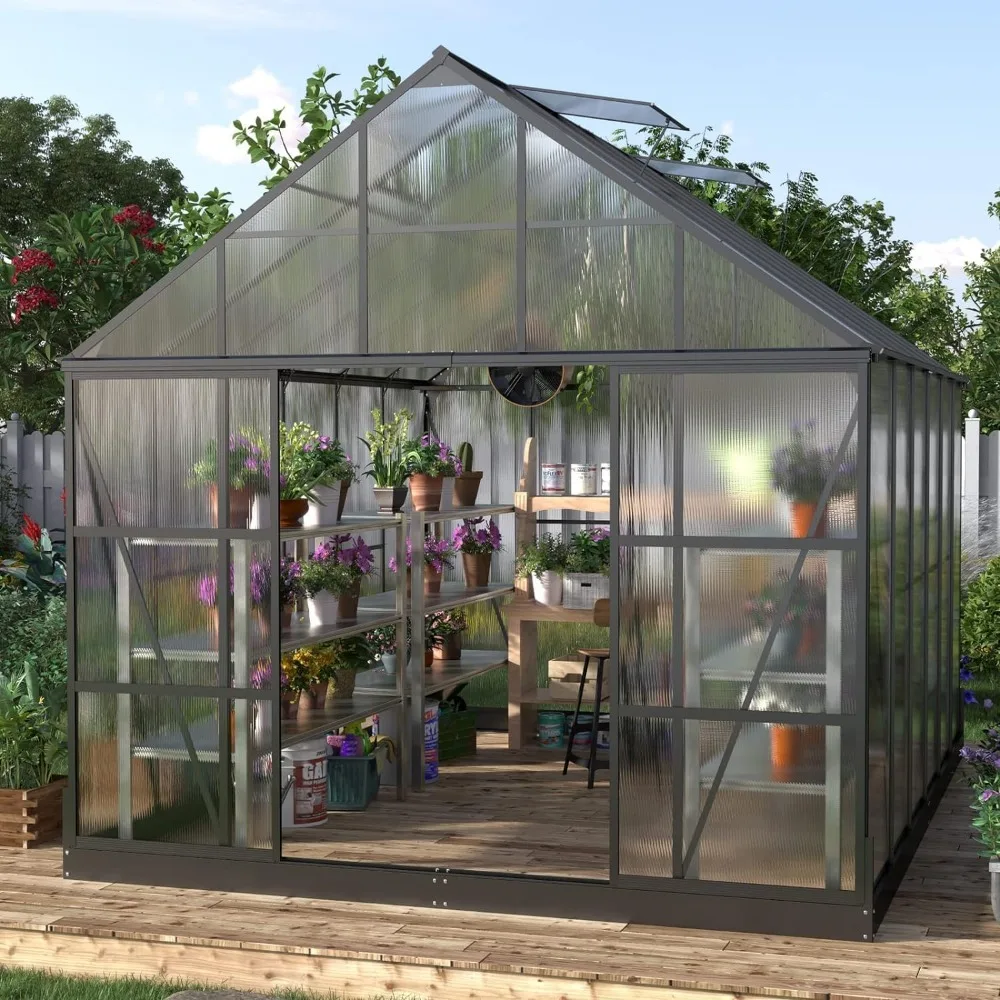 12x10x10FT Polycarbonate Greenhouse with 2 Sliding Doors 4 Vents Walk-in Premium, Storage Aluminum, Conservatory