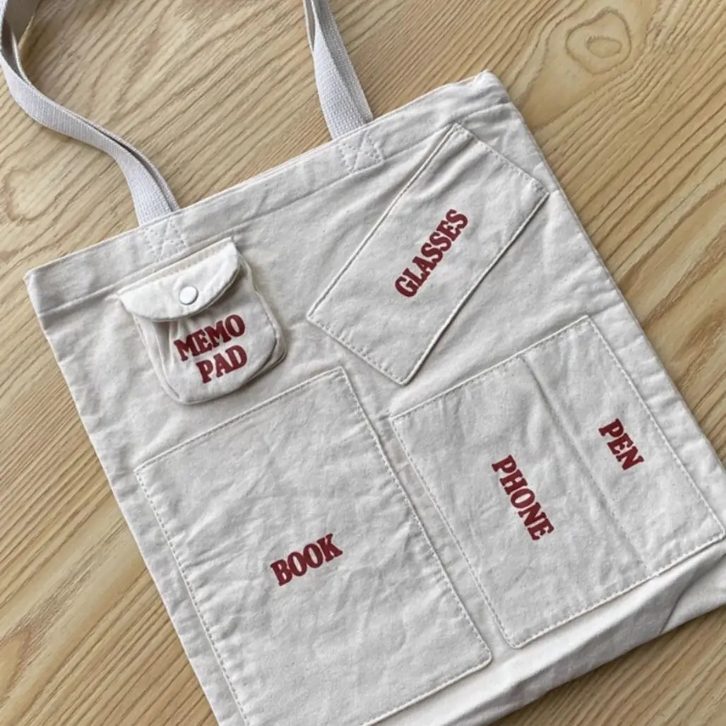 

Canvas Tote Bag Letter Fashion Casual Multi Pocket Shoulder Bag Handbag Bookbag